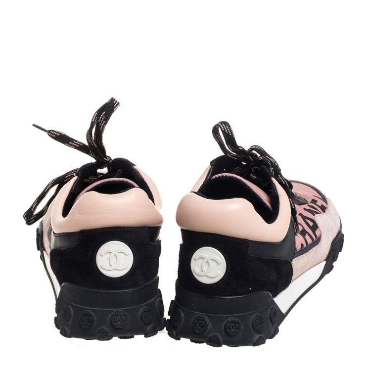Pre Owned Chanel Pink/Black Nylon And Suede Logo Low Top Sneakers Size 38