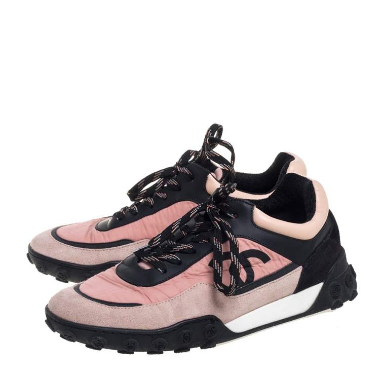 Pre Owned Chanel Pink/Black Nylon And Suede Logo Low Top Sneakers Size 38