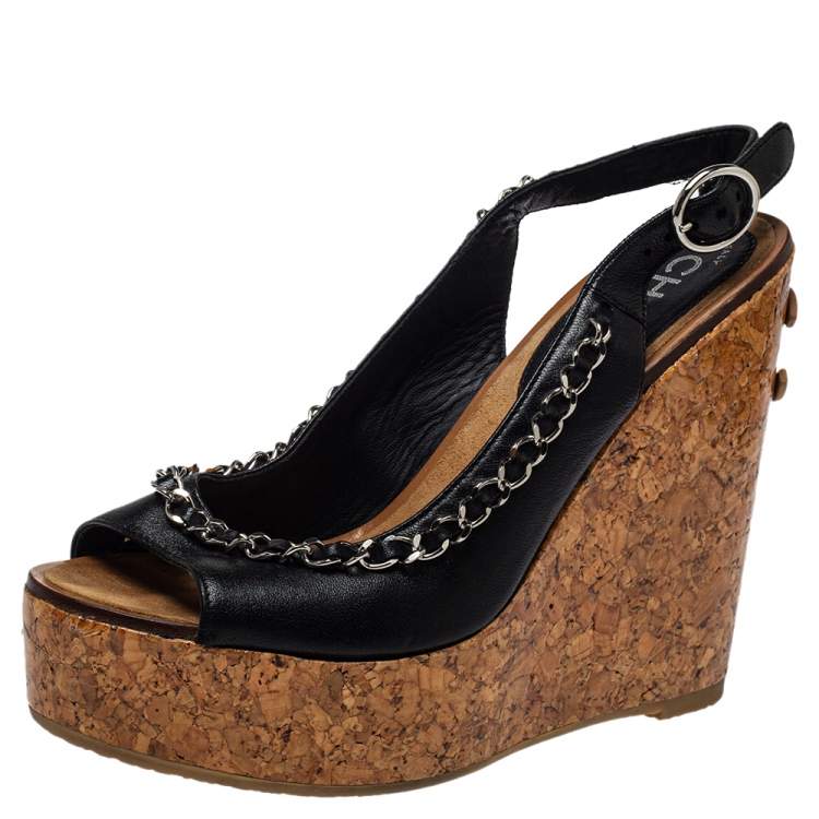 CHANEL, Shoes, Chanel Black Leather And Cork Wedge Sandals