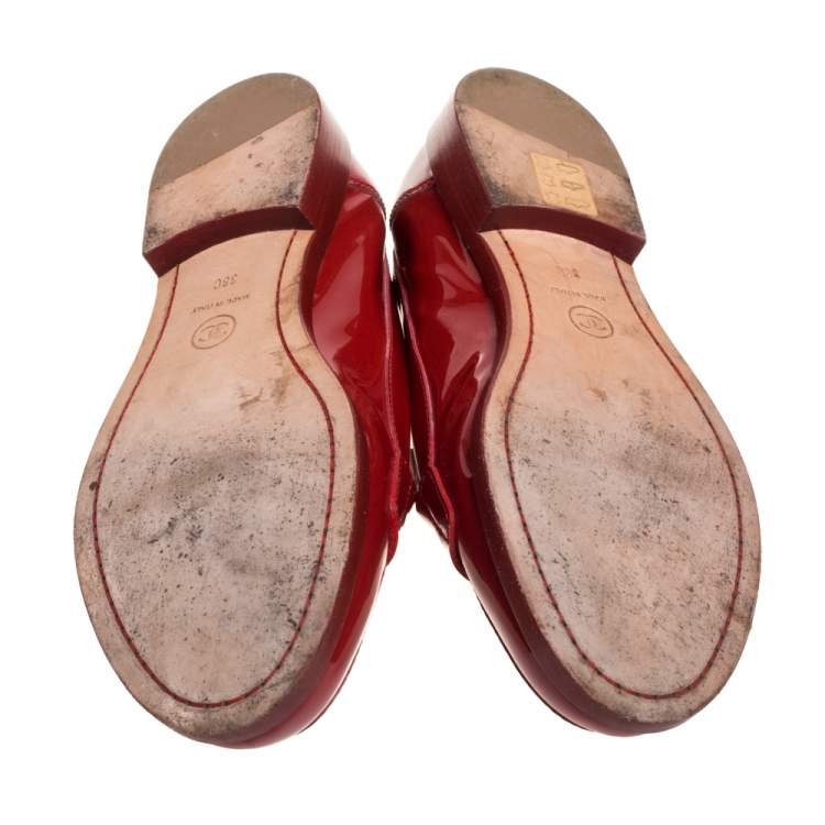 Pre Owned Chanel Red Patent Leather CC Logo Slip On Loafers Size 38