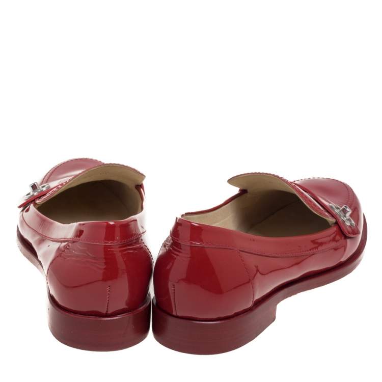 Pre Owned Chanel Red Patent Leather CC Logo Slip On Loafers Size 38
