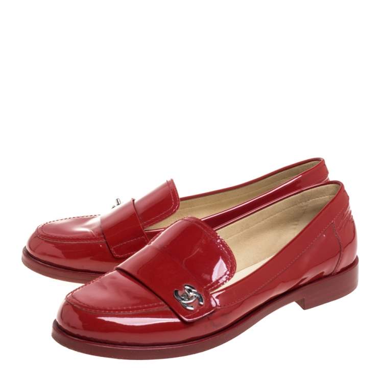 Pre Owned Chanel Red Patent Leather CC Logo Slip On Loafers Size 38