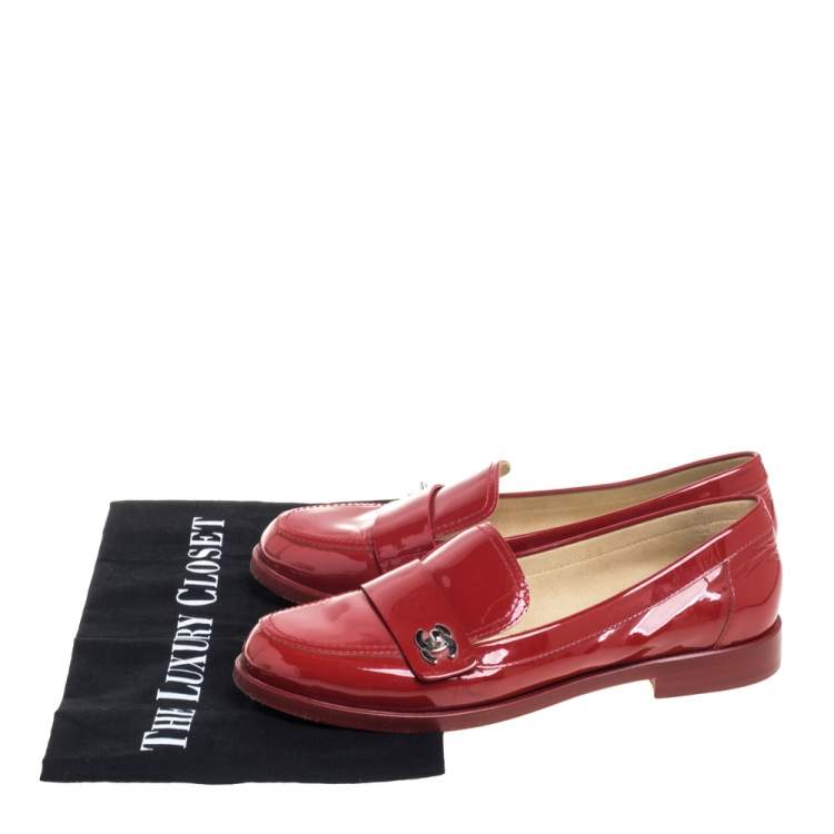 Pre Owned Chanel Red Patent Leather CC Logo Slip On Loafers Size 38