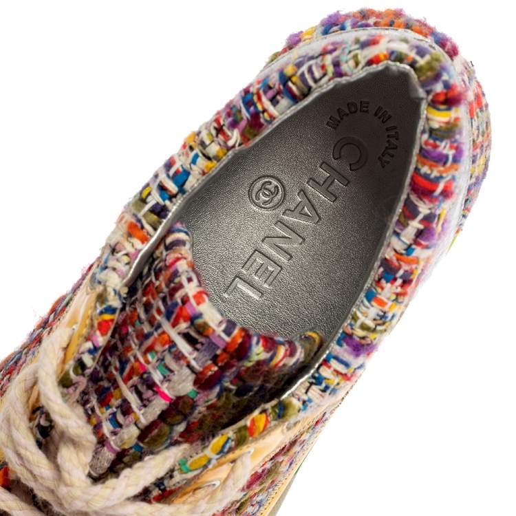 Pre Owned Chanel Multicolor Tweed Fabric And Holographic Leather CC Low Top Sneakers Size 37.5