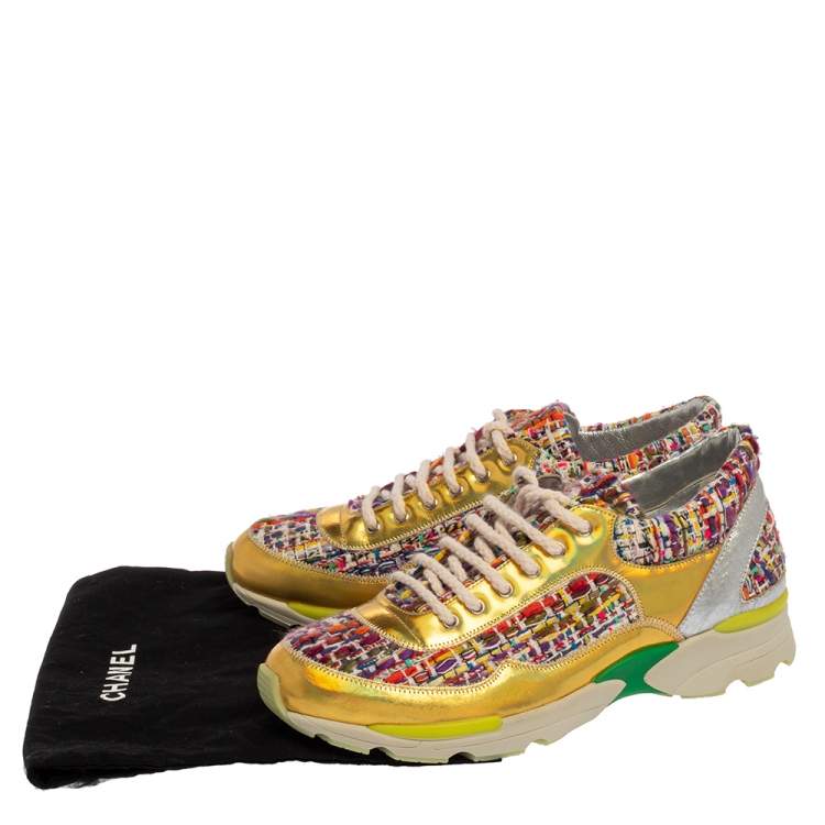 Pre Owned Chanel Multicolor Tweed Fabric And Holographic Leather CC Low Top Sneakers Size 37.5
