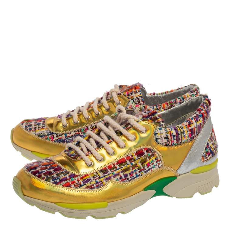 Pre Owned Chanel Multicolor Tweed Fabric And Holographic Leather CC Low Top Sneakers Size 37.5