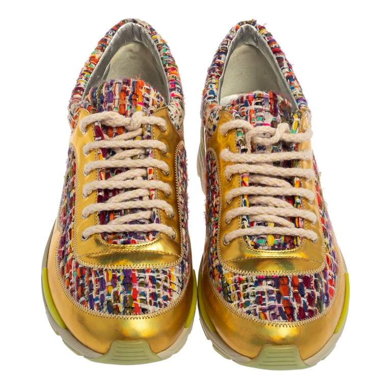 Pre Owned Chanel Multicolor Tweed Fabric And Holographic Leather CC Low Top Sneakers Size 37.5