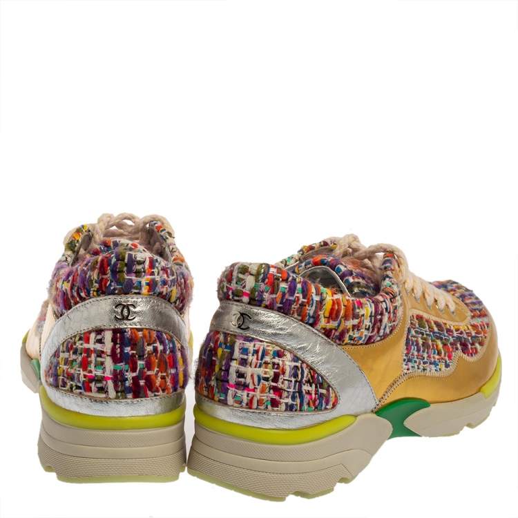 Pre Owned Chanel Multicolor Tweed Fabric And Holographic Leather CC Low Top Sneakers Size 37.5