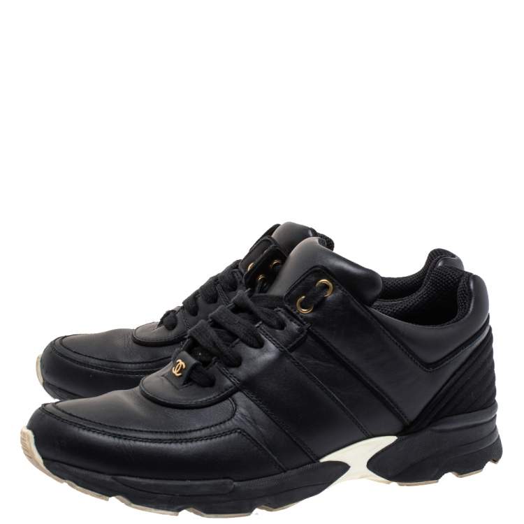 Pre Owned Chanel Black Leather And Satin Athletic CC Lace Up Sneakers Size 40