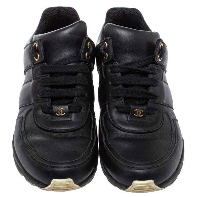 Pre Owned Chanel Black Leather And Satin Athletic CC Lace Up Sneakers Size 40