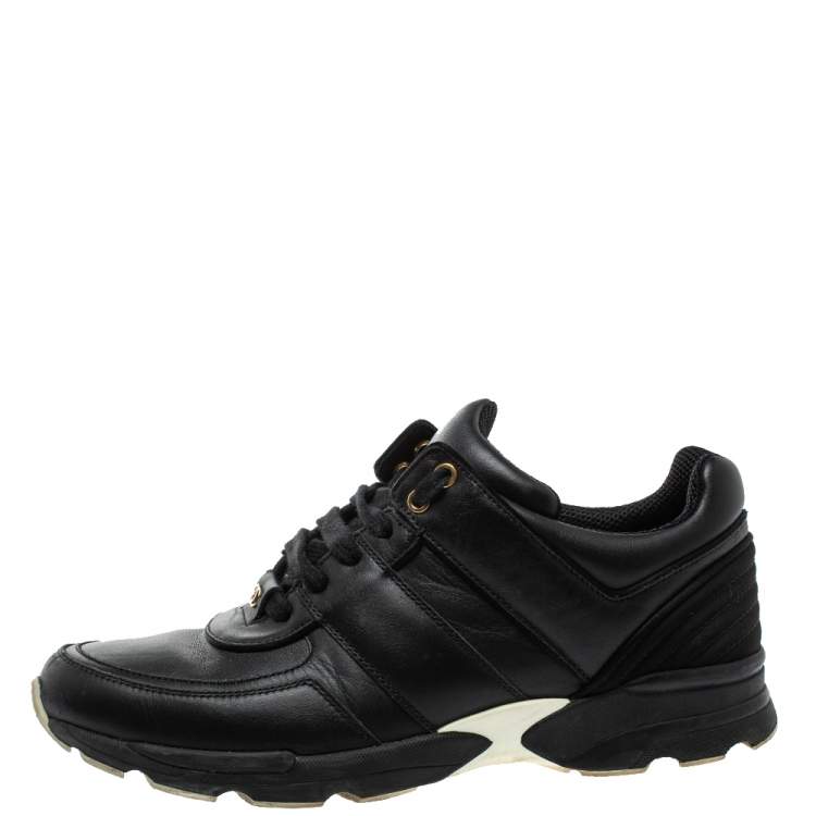 Pre Owned Chanel Black Leather And Satin Athletic CC Lace Up Sneakers Size 40