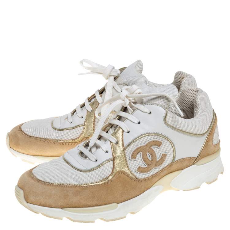 مملوكة مسبقًا Chanel White/Beige Mesh And Suede CC Low Top Sneakers Size 40.5