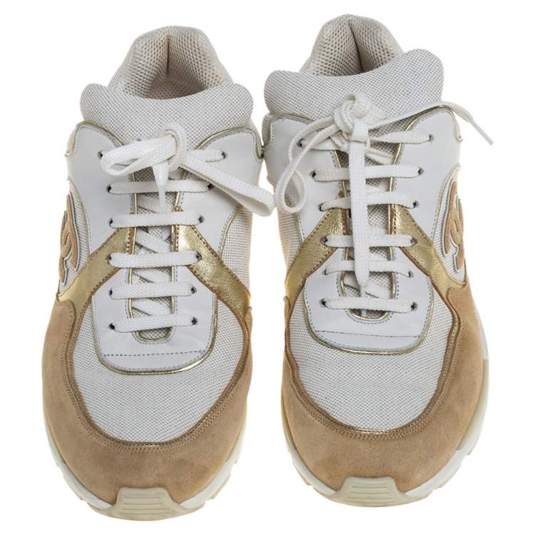 مملوكة مسبقًا Chanel White/Beige Mesh And Suede CC Low Top Sneakers Size 40.5