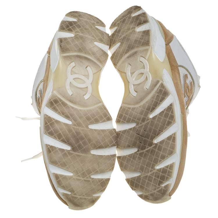 مملوكة مسبقًا Chanel White/Beige Mesh And Suede CC Low Top Sneakers Size 40.5