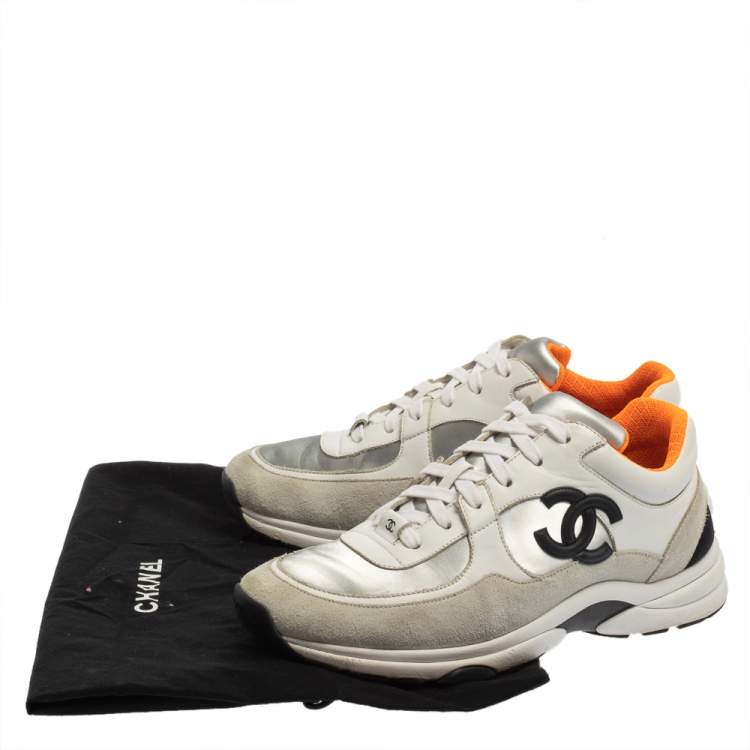 Pre Owned Chanel White Leather and Suede CC Lace Up Sneakers Size 41