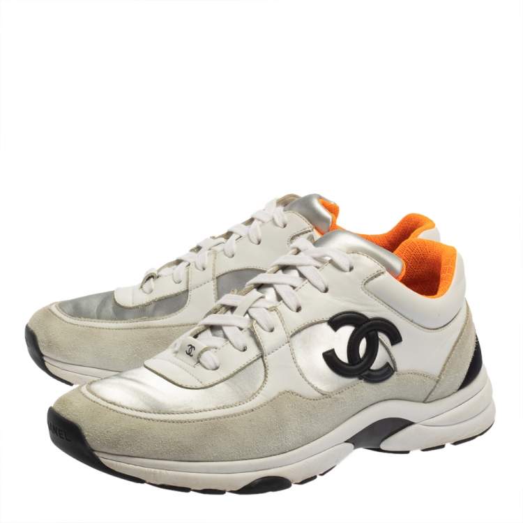 Pre Owned Chanel White Leather and Suede CC Lace Up Sneakers Size 41