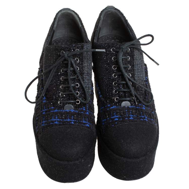 Pre Owned Chanel Black/Blue Wool And Tweed Cap Toe Platform Oxfords Size 36.5