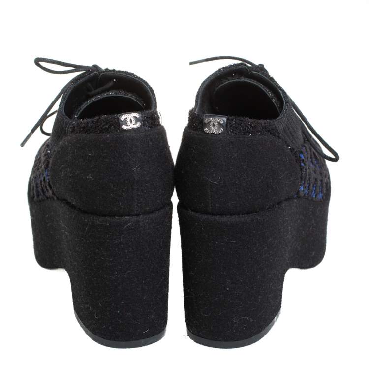 Pre Owned Chanel Black/Blue Wool And Tweed Cap Toe Platform Oxfords Size 36.5