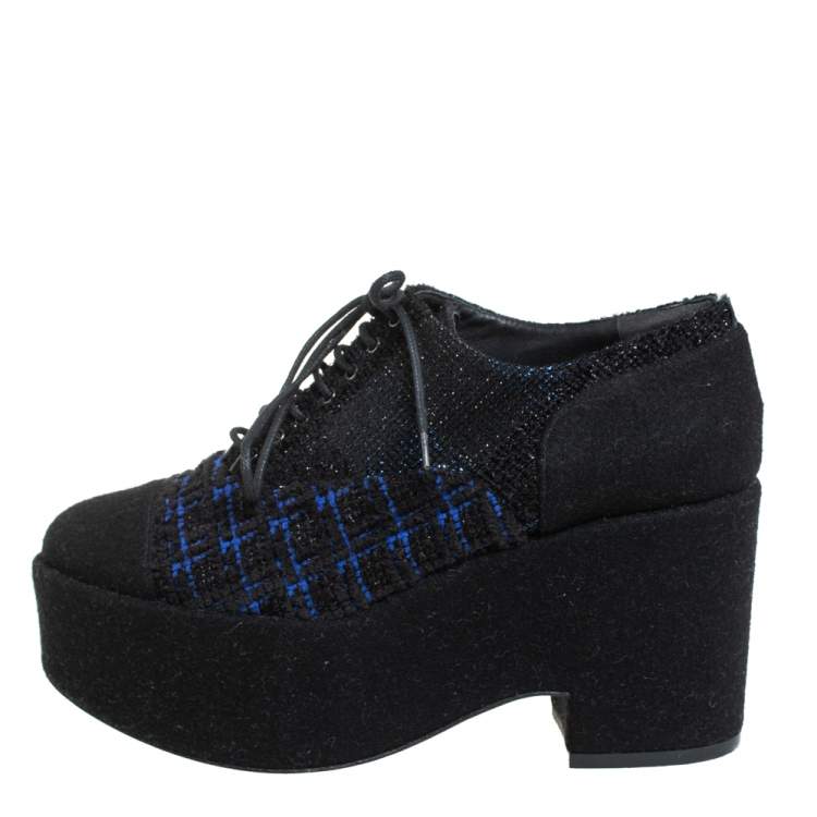 Pre Owned Chanel Black/Blue Wool And Tweed Cap Toe Platform Oxfords Size 36.5