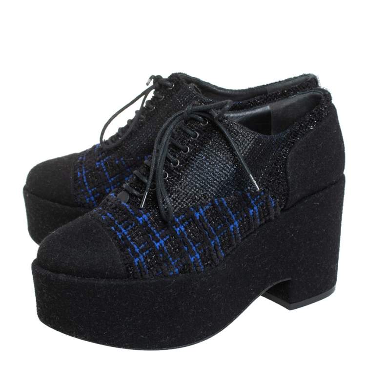 Pre Owned Chanel Black/Blue Wool And Tweed Cap Toe Platform Oxfords Size 36.5