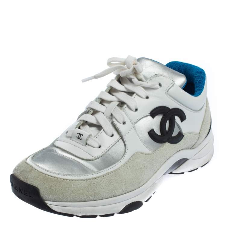 Chanel White/Silver Leather And Polyamide CC Low Top Sneakers Size 38  Chanel | The Luxury Closet