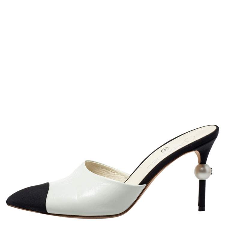 Chanel White/Black Canvas And Leather CC Pearl Heel Pointed Toe