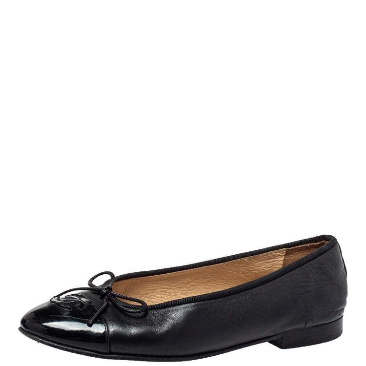 Chanel Black Leather And Patent Leather CC Cap Toe Ballet Flats Size 37  Chanel | The Luxury Closet