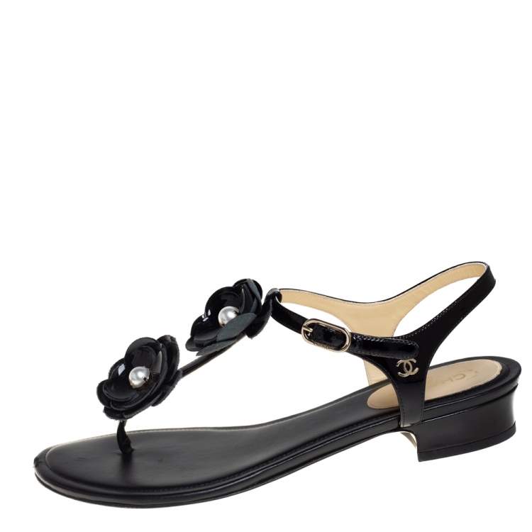 Chanel Black Patent CC Camellia Pearl Ankle Strap Thong Sandals