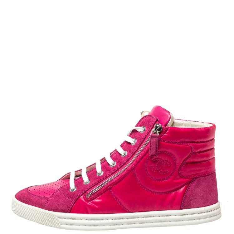 Chanel Pink Leather CC Double Zip Accent High Top Sneakers Size 41 Chanel