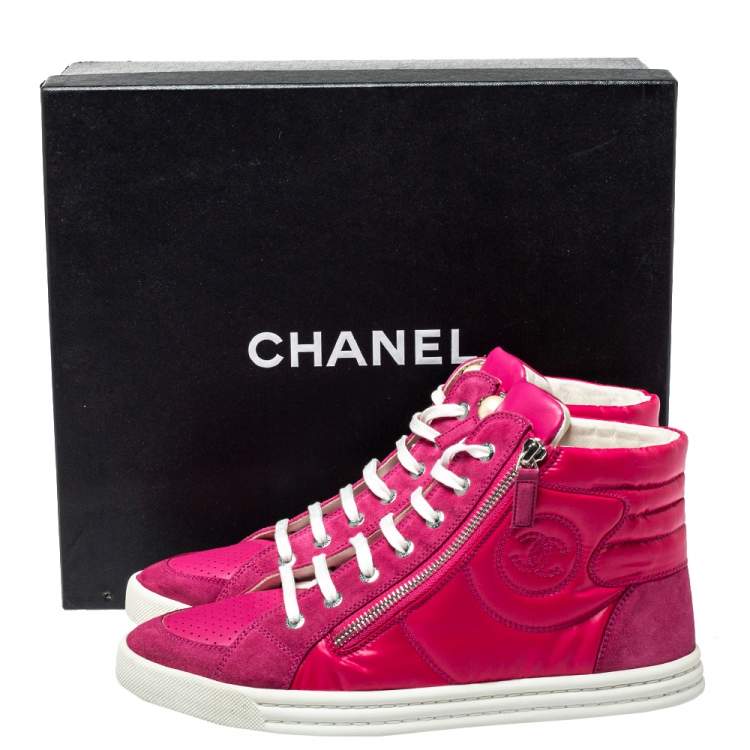 Pre Owned Chanel Pink Leather CC Double Zip Accent High Top Sneakers Size 41