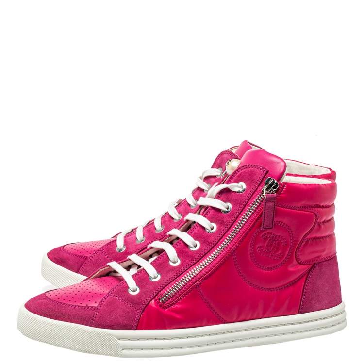Pre Owned Chanel Pink Leather CC Double Zip Accent High Top Sneakers Size 41
