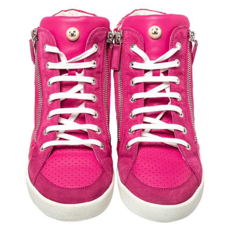 Pre Owned Chanel Pink Leather CC Double Zip Accent High Top Sneakers Size 41