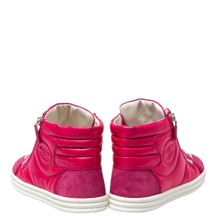 Pre Owned Chanel Pink Leather CC Double Zip Accent High Top Sneakers Size 41