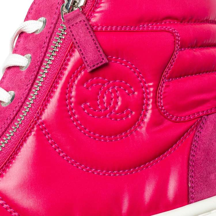 Pre Owned Chanel Pink Leather CC Double Zip Accent High Top Sneakers Size 41