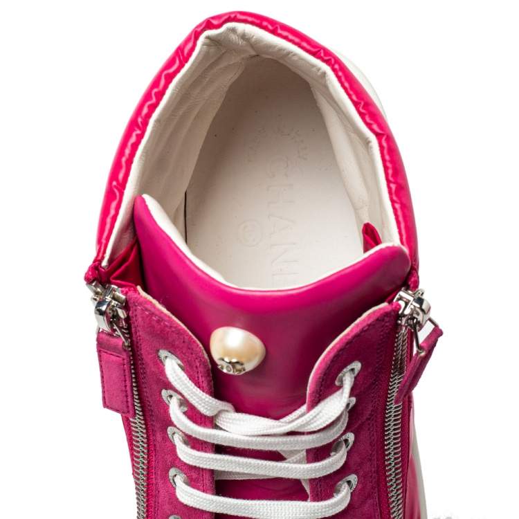 Pre Owned Chanel Pink Leather CC Double Zip Accent High Top Sneakers Size 41
