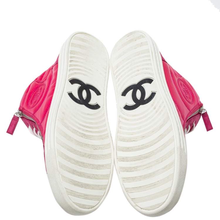 Pre Owned Chanel Pink Leather CC Double Zip Accent High Top Sneakers Size 41