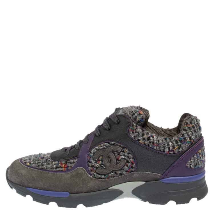 Pre Owned Chanel Multicolor Tweed, Leather and Suede CC Lace Up Sneakers Size 40.5