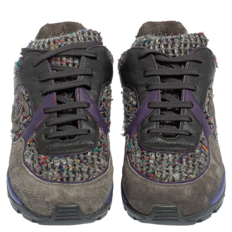 Pre Owned Chanel Multicolor Tweed, Leather and Suede CC Lace Up Sneakers Size 40.5