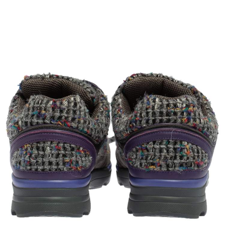 Pre Owned Chanel Multicolor Tweed, Leather and Suede CC Lace Up Sneakers Size 40.5