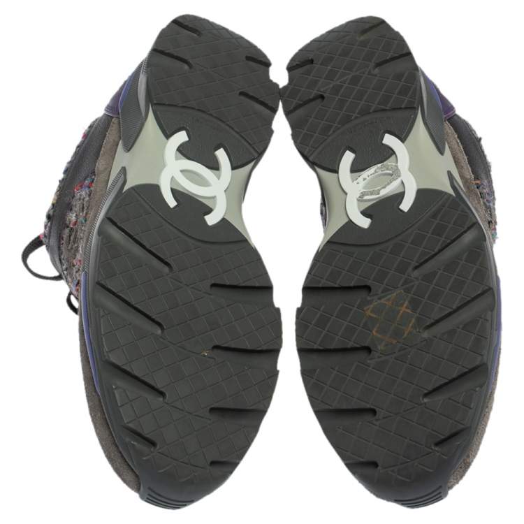 Pre Owned Chanel Multicolor Tweed, Leather and Suede CC Lace Up Sneakers Size 40.5