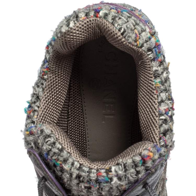 Pre Owned Chanel Multicolor Tweed, Leather and Suede CC Lace Up Sneakers Size 40.5