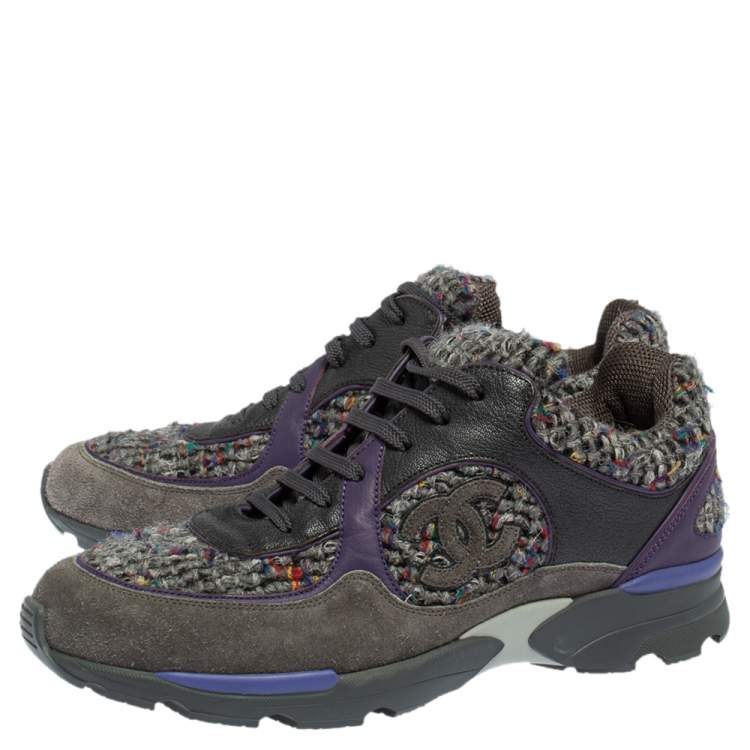 Pre Owned Chanel Multicolor Tweed, Leather and Suede CC Lace Up Sneakers Size 40.5