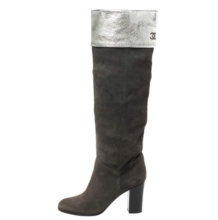 Chanel Dark Grey Suede And Leather Knee Length Boots Size 41