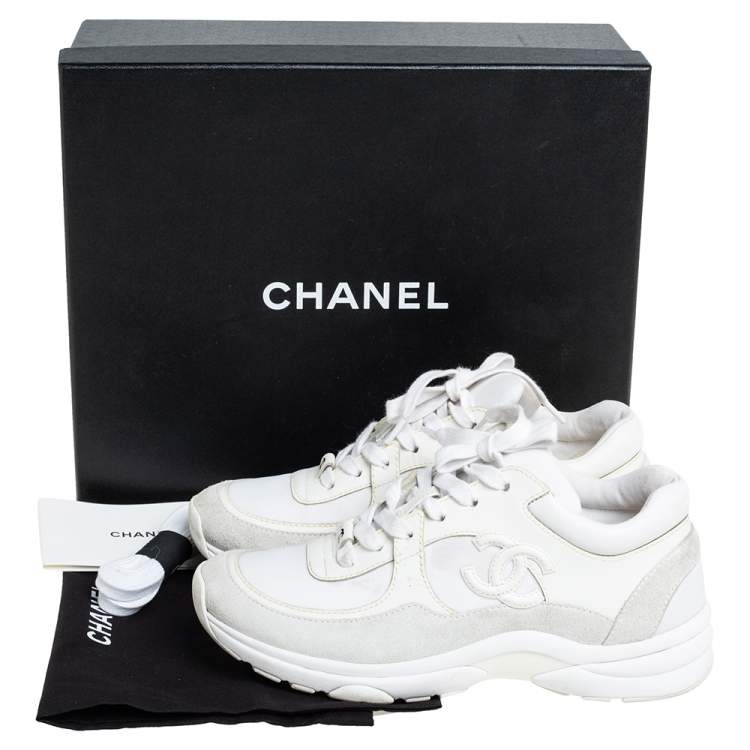 Pre Owned Chanel White Leather And Nylon CC Low Top Sneakers Size 36