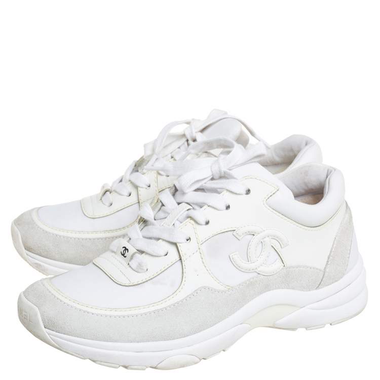 Pre Owned Chanel White Leather And Nylon CC Low Top Sneakers Size 36