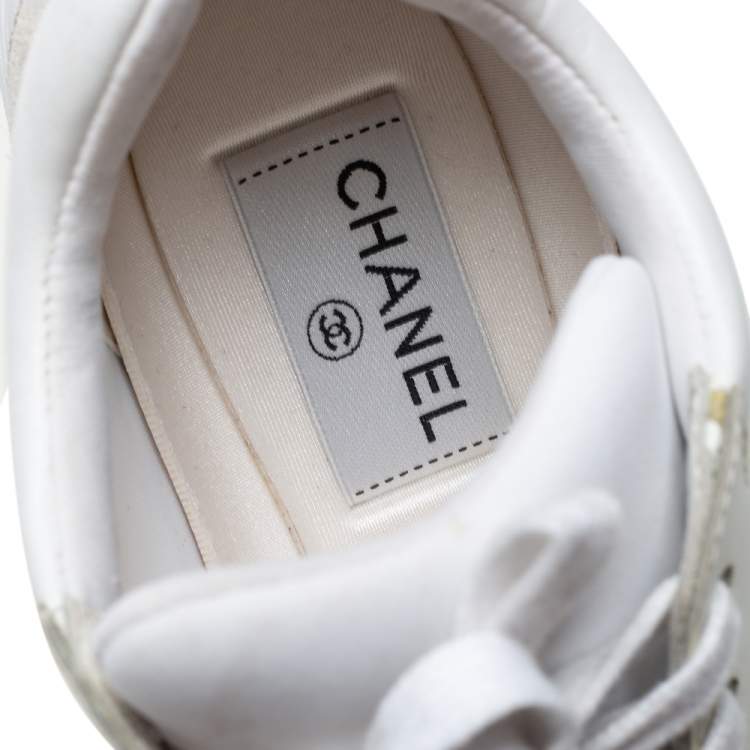 Pre Owned Chanel White Leather And Nylon CC Low Top Sneakers Size 36