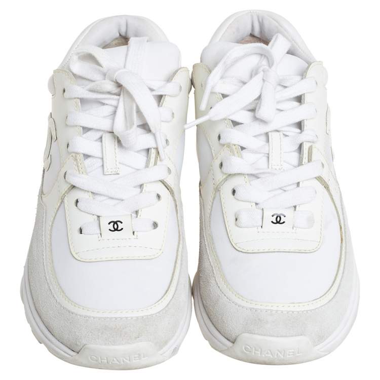 Pre Owned Chanel White Leather And Nylon CC Low Top Sneakers Size 36