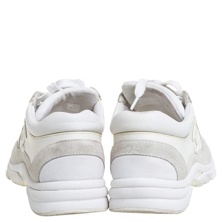 Pre Owned Chanel White Leather And Nylon CC Low Top Sneakers Size 36