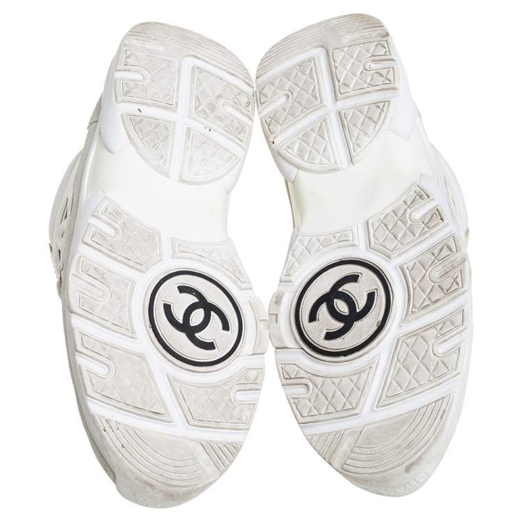 Pre Owned Chanel White Leather And Nylon CC Low Top Sneakers Size 36