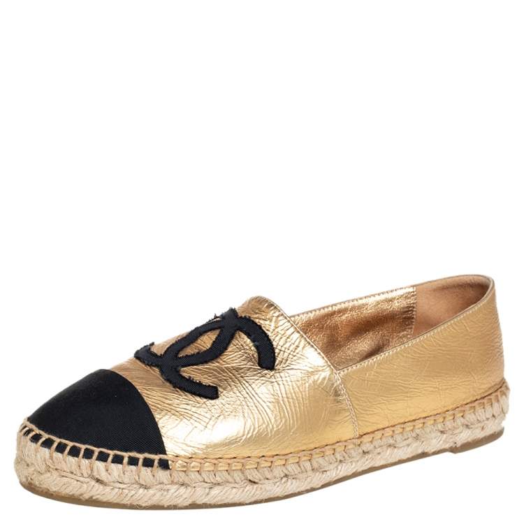 Chanel Gold/Black Fabric And Leather Flat Espadrilles Size 38 Chanel | The  Luxury Closet